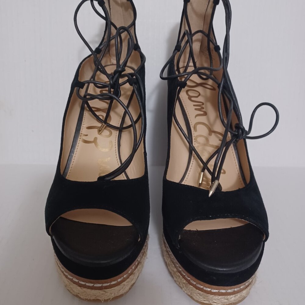 SAM EDELMAN HARRIET SUEDE ESPADRILLE WEDGE PLATFORM SANDALS BLACK SIZE 7.5